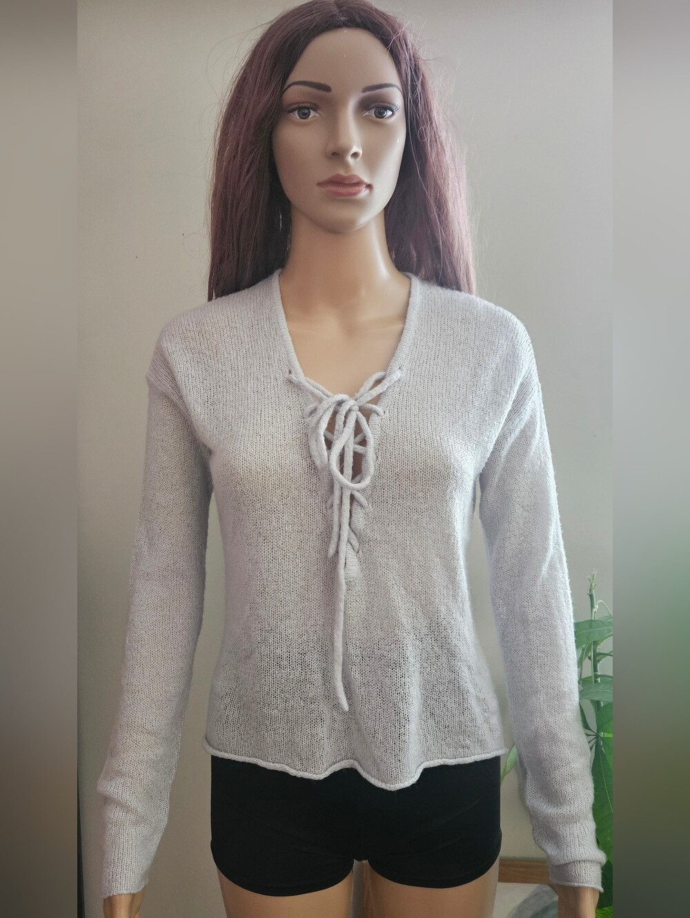 Brunette The Label Light Gray Lace-Up V-Neck Women’s Sweater Top Semi Sheer
